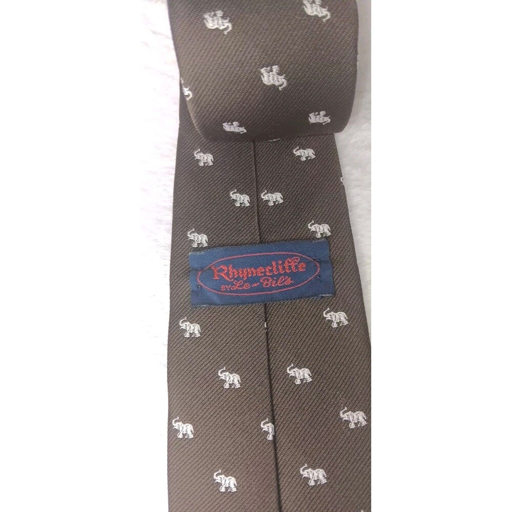 VTG Rhymecliffe By Le Bilsmens Neck Tie Chocolate Brown White Elephants Novelty - Picture 3 of 5